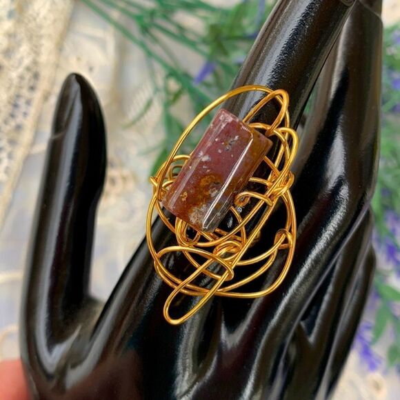 Unique Ocean Jasper In Gold Wire Wrap Artisan Crafted Ring - Picture 1 of 10